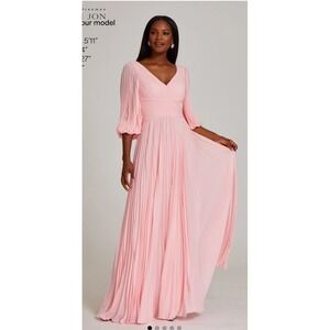 NWT Teri Jon Chiffon Puff Sleeve Pleated VNeck Gown  Pink Size 18 Dress $670‎